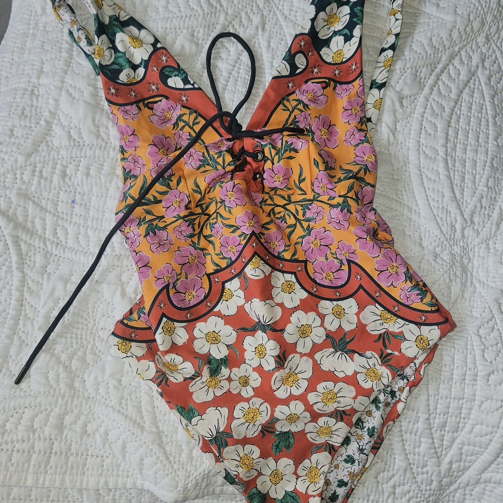 Agua Bendita NWT Sz L Floral One Piece Swimsuit - Pink, Orange, Green